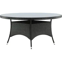 Volta Esstisch Ø150cm schwarz - Robuster Gartentisch für jeden Anlass - Gartentische – Der Volta Esstisch kombiniert stilvolles Glas und strapazierfähiges Kunststoffgeflecht, ideal für Terrasse oder Wintergarten, UV-beständig und langlebig.