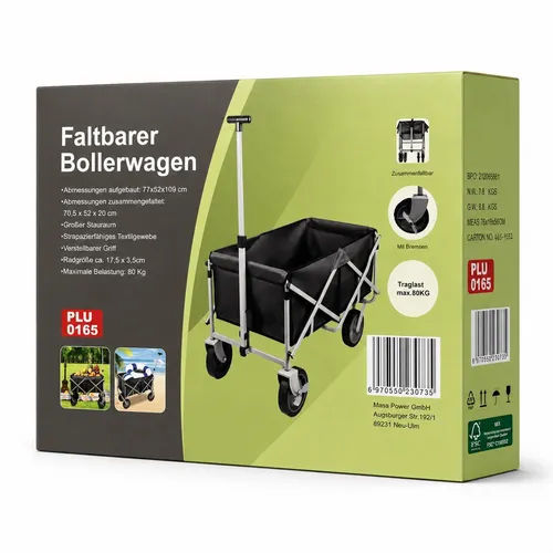 Faltbarer Bollerwagen mit 80 kg Traglast, Bremsen und verstellbarem Griff