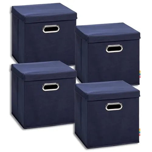 Storanda | 4er Set Aufbewahrungsbox mit Deckel 28x28x28 cm | Beiseitig Breite Griffe | Stabil & Faltbar | Regalbox für Würfelregal | Dunkelblau