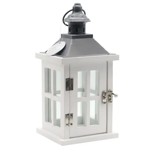 27cm Holz-Laterne Weiß - Dekorative Gartenlaterne mit Glas-Scheiben - Lampen: Stilvolle Landhauslaterne für drinnen und draußen, mit praktischem Henkel und schickem Design, ideal für stimmungsvolle Beleuchtung.