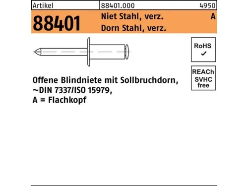 500er PACK(Stk)  088401000000030008 Blindniete R 88401 Flachkopf 3 x 8 Niet Stah