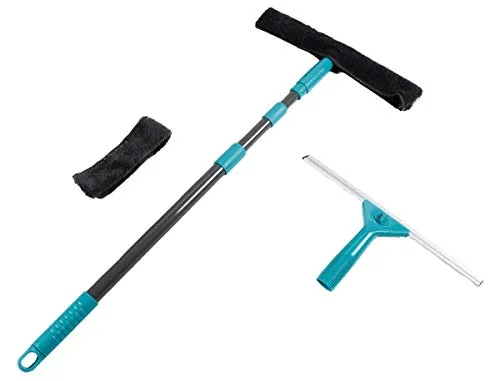 Fensterreinigungs-Set, 5-teilig, austauschbare Aufsätze, Fenster Wischer + Abzieher, Teleskopstange ca. 57-130 cm