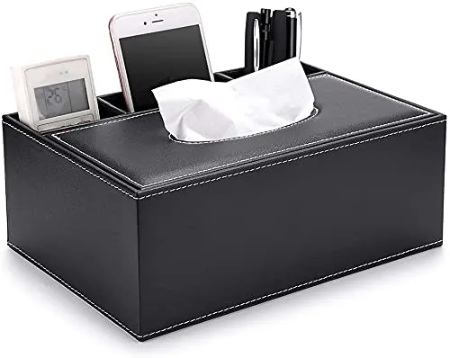 PU-Leder Taschentuchbox Household Office Rechteckige Tissue Box mit Remote-Aufbewahrungsbox Serviettenhalter für zu Hause Schreibtisch-Aufbewahrungsbox, Schwarz