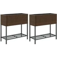 vidaXL Hochbeete mit Ablage 2 Stk Braun 70x28x70 cm - Praktische und dekorative Pflanzkübel aus robustem PE-Rattan mit pulverbeschichtetem Stahlgestell. Ideal für den Anbau von Pflanzen, inklusive Ablage für Zubehör. Perfekt für deinen Garten!
