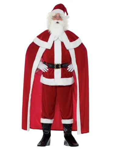 Smiffys Deluxe Weihnachtsmann-Kostüm - Rot, Größe L, inklusive Hose, Jacke, Umhang, Gürtel, Stiefelüberziehern, Handschuhen, Bart und Mütze, ideal für Karneval und Weihnachtsfeiern