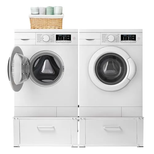 Vonia Waschmaschinen Untergestell mit 2 Schubladen – Podest für Waschmaschine und Trockner, Stahl 200 kg, 127x54x31 cm, Weiß