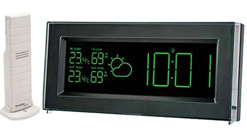 Funkwetterstation MA 10901 LED Grün - Wecker mit Wettervorhersage und App-Anbindung, überwacht Temperatur und Luftfeuchtigkeit, inklusive Push-Benachrichtigungen für Grenzwertüberschreitungen.