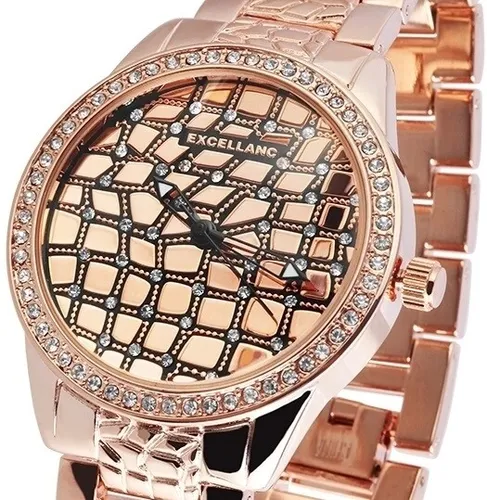 Damenuhr Quarz Armbanduhr edel Roségold Rotgold Bling Kristall 150/06 Excellanc