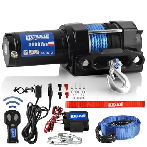 Husar Winch Elektrische Seilwinde 12V, 3500 lbs 1587 kg, Synthetisches Seil12 Meter, kabellose Steuerung, Planetengetriebe, automatische Bremse - ideal für Quads und ATV/UTV