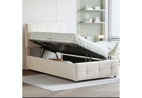 OKWISH Stauraumbett mit hydraulischem Kopfteil, 90 x 200 cm, beige