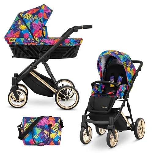 IVENTO Sportwagen 2 in 1 Kinderwagen - Gold - Modischer Kinderwagen 2 in 1 mit Babywanne und Buggy-Funktion. Genießen Sie höchsten Komfort und Sicherheit für Ihr Kind mit antibakteriellen Matratzen und wartungsfreien Gel-Rädern.