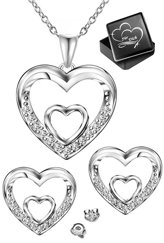 Herz Schmuckset mit Kette und Ohrringen aus 925 Silber - Elegantes Schmuckset aus 925 Sterlingsilber mit verstellbarer Kettenlänge (45-50 cm) und funkelnden Zirkonia-Steinen. Perfekt als Geschenk für besondere Anlässe.