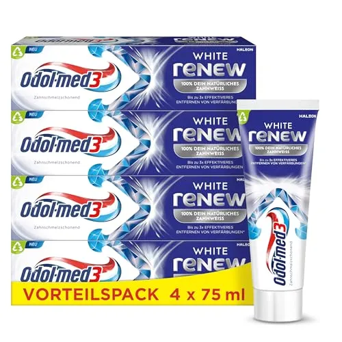 Odol-med3 White reNEW Zahnpasta, 4x75ml, für langanhaltend weißere Zähne*** | Odol-med3 White reNEW entfernt bis zu 3x effektiver Verfärbungen*, um dein natürliches Zahnweiß wiederherzustellen**.