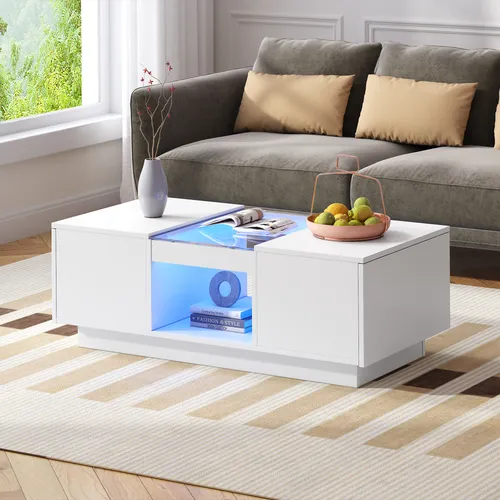 Merax Couchtisch mit LED und 2 Schubladen – Moderner Beistelltisch in Weiß - Stylischer Couchtisch 100x50x35,5 cm mit RGB-LED-Beleuchtung, APP-Steuerung und praktischen Schubladen für Ordnung. Ideal für eine stimmungsvolle Wohnatmosphäre.