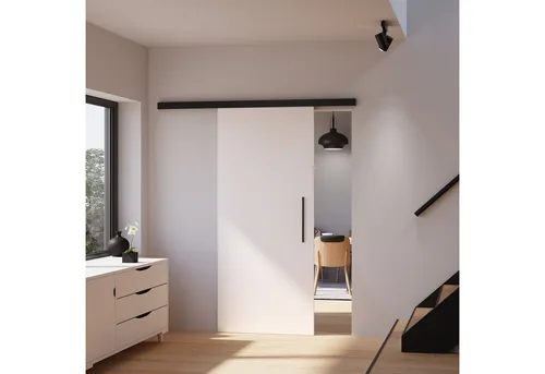 inova wohnen Schiebetür Holzschiebetür Weiß - Komplett Set mit Softclose - Schiebetüren für Wohnzimmer, Küche & mehr. Inkl. Schienensystem und Stabgriff in Schwarz. Wählen Sie Softclose für leises, sanftes Schließen.