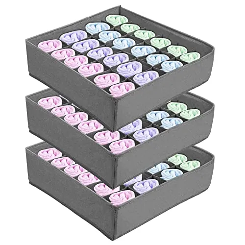 Aufbewahrungsboxen für Socken und Unterwäsche, 24 Zellen Organizer (3 Stück, Grau) - Schubladeneinsätze für Kleiderschränke, faltbar und platzsparend, ideal für die ordentliche Aufbewahrung von Socken, Krawatten und mehr.