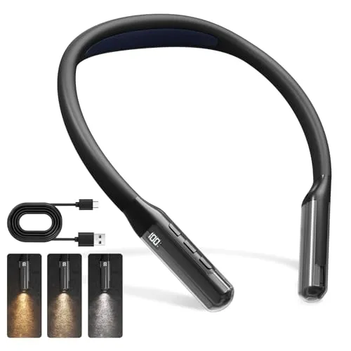 LQWELL Hals Leselampe 3 Farben und 3 Helligkeiten Einstellbar, LED Buchlampe Biegbare Arme, Tragbar Nackenlampe Ergonomisches, Wiederaufladbar für Lesen Häkeln Nähen Reparieren Stricken