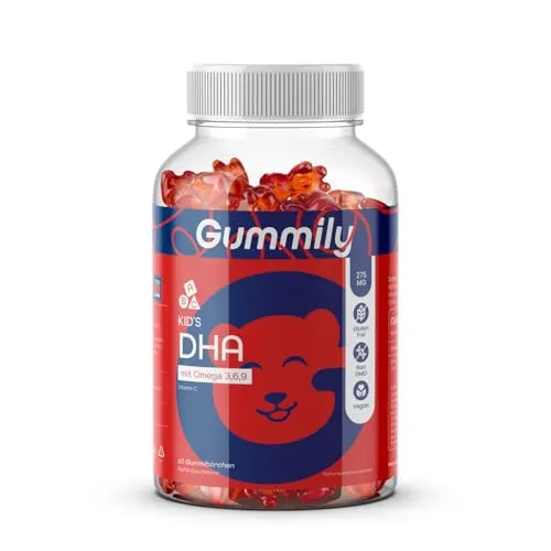 Gummily Kinder DHA Gummibärchen - 275 mg Omega 3, 6 & 9 aus Algenöl - Mit Vitamin C für Immunsystem, Gehirn & Sehkraft - Vegan & Gelatinefrei - Leckerer Apfel Geschmack - 60 Stück