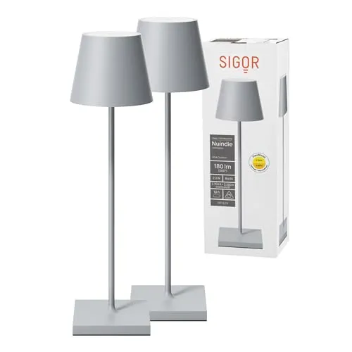SIGOR Nuindie 2.0 - Dimmbare LED Akku-Tischlampe (2 Stück) - Tischlampen für Innen & Außen, IP54 spritzwassergeschützt, bietet bis zu 12 Stunden warmweißes Licht und modernes Design für stimmungsvolle Akzente.