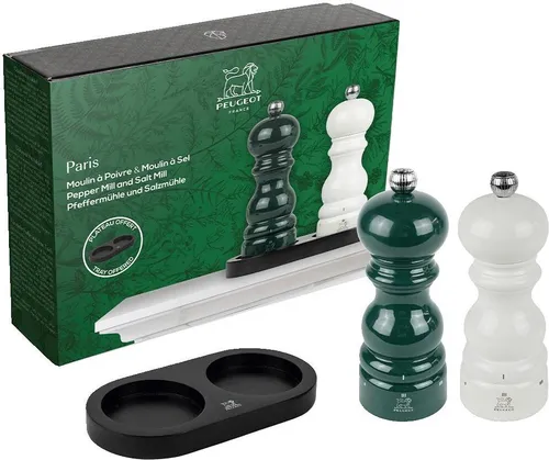 PEUGEOT Duo Paris Waldgrün Pfeffermühle + Elfenbeinsalz-Mühle 15 cm - Salz- & Pfefferstreuer mit klassischen Peugeot-Mechanismen, PEFC-zertifiziertem Holz und personalisierbarer Mähleinstellung für perfekten Mahlgrad.