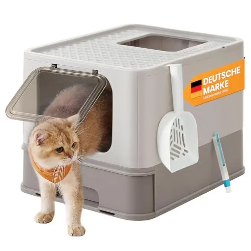 Feandrea Katzentoilette mit Deckel, ausziehbarem Tablett und Schaufel - Katzentoilette für Katzen bis 15 kg, auslaufsicher mit weniger Spuren dank Gitter-Design – ideal für große Katzen und einfach zu reinigen!