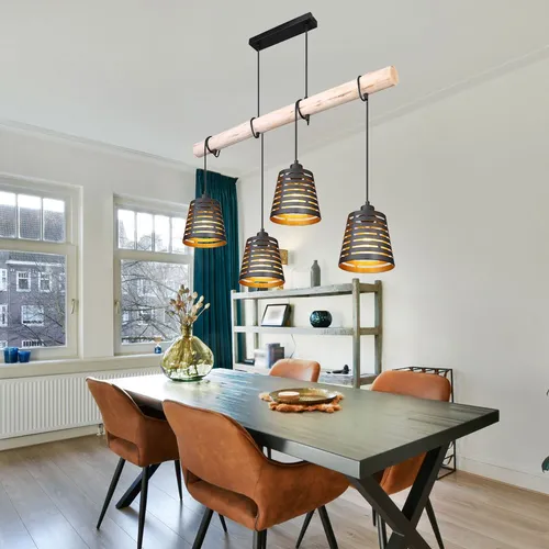 Hänge Decken Lampe Holz Pendel Leuchte Strahler Küchen Beleuchtung SCHWARZ-GOLD