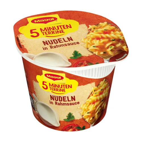 Maggi 5 Minuten Terrine Nudeln in Rahmsauce cremig pikant 67g - Schnelles Nudelgericht, ideal für eine schmackhafte Mahlzeit in nur 5 Minuten – perfekt für Berufstätige oder Studenten.
