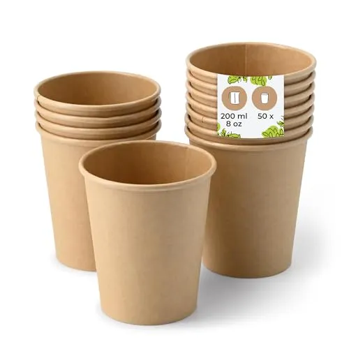 BIOZOYG 50 Stück Kaffeebecher Pappbecher 200ml / 8 oz Ø 80 mm braun - Einwegbecher plastikfrei - Becher aus nachhaltiger Forstwirtschaft - Kaffeebecher Einweg