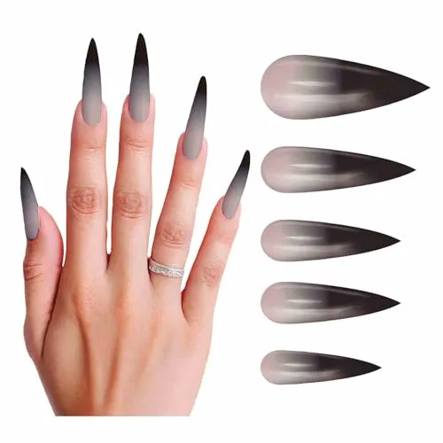 FIESTAS GUIRCA | 12 lange Gothic Nägel mit Kleber - Kostümzubehör für Halloween und Hexenpartys - Kunstnägel für Horror- und Gothic-Kostüme - Grau
