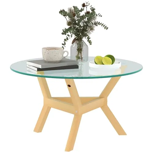 HOMCOM Couchtisch aus Hartglas - Runder Beistelltisch für Wohnzimmer - Beistelltisch fürs Wohnzimmer mit elegantem Design aus gehärtetem Glas, stabilen Holzoptik-Beinen und höhenverstellbaren Fußpolstern für optimalen Stand und Schutz Ihrer Böden.
