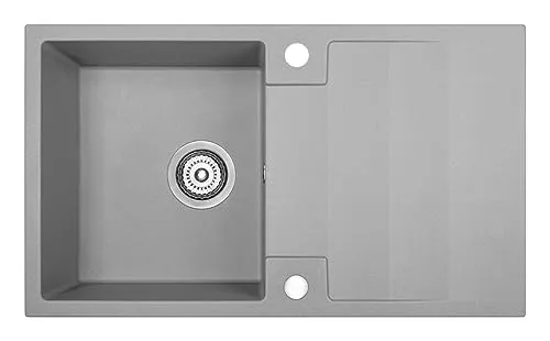 KOLMAN Granitspüle 44x76 cm - Platzsparendes Einzelbecken mit Grau Space Saving Siphon - Becken: Funktionales, tiefes Spülbecken für große Töpfe und Backbleche. Überlauf- und Stöpselmechanismus für einfachen Gebrauch. Extrem widerstandsfähig und 10 Jahre Herstellergarantie.