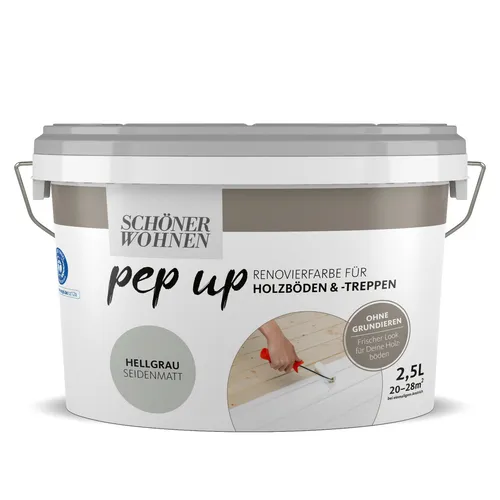 Schöner Wohnen Pep Up Renovierfarbe hellgrau seidenmatt - Lacke für Holzoberflächen, feuchtigkeitsbeständig und ideal für alle Innenräume. Einfach zu verarbeiten mit einer Trocknungszeit von nur 8 Stunden.