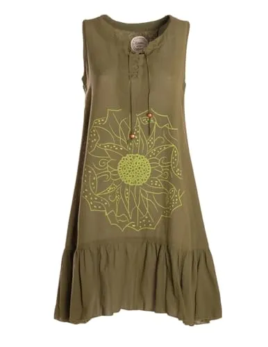 Vishes Alternative Bekleidung - Damen mittellanges Kleid Baumwolle Blumen-Muster Hängerkleid mit Schnürung und Holzperlen Olive 42
