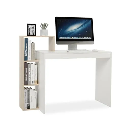 Mondeer Kleiner Schreibtisch, Moderner Computertisch mit 3-stöckiges Regal, Platzsparend, 110 x 40 x 92 cm, Geeignet für Heimbüro Arbeitszimmer Kleiner Platz, Weiß und Eichefarben