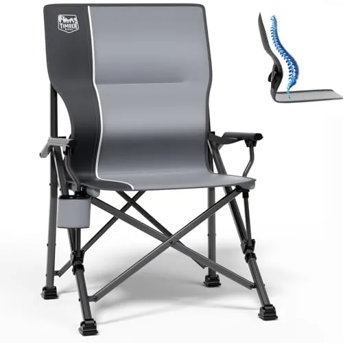 TIMBER RIDGE Campingstuhl Faltbar 150kg Belastbar Verstellbare Lendenwirbelstütze Klappstuhl mit Getränkehalter Tragetasche Angelstuhl Faltstuhl Hochlehner Sessel für Camping Garten Balkon Picknick