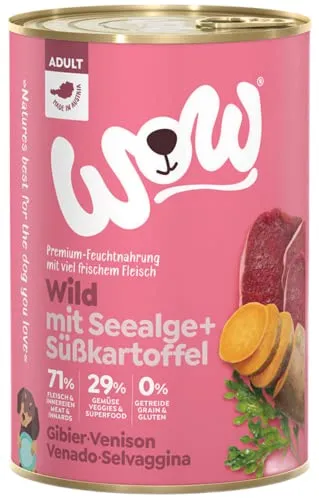 WOW Hundefutter nass Adult mit Wild, 6X 800g I reichhaltiges Nassfutter für ausgewachsene Hunde Aller Rassen I Beste Qualität mit viel Fleisch, Seealge & Süßkartoffel I hohe Verträglichkeit