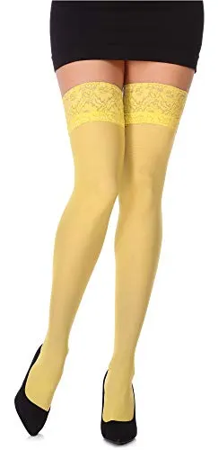 Bellivalini Damen Halterlose Mikrofaser 40 DEN Strümpfe mit Spitze BLVFI1011 (Gelb, XS/S (Herstellergröße: 1/2))