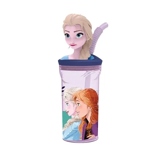 Frozen Die Eiskönigin Trinkbecher Kinder mit Strohhalm und Deckel - 360 ml Strohhalmbecher mit 3D Figur - Kinderbecher für kalte Getränke - Motivbecher Elsa Anna Olaf - Schule Kindergarten unterwegs