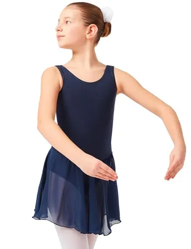 tanzmuster ® Ballettkleid Mädchen ärmellos - Minnie - aus weichem Baumwollstoff mit Chiffonröckchen Ballett Trikot Ballettanzug in marineblau, Größe:104/110