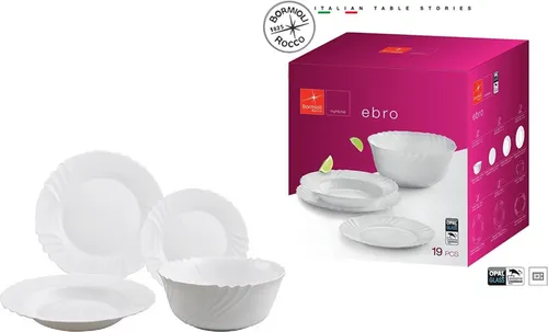 Ebro Geschirr 19-teilig - Tafelservice aus 100% Milchglas, stoßfest und temperaturbeständig bis 135°C, ideal für Geschirrspüler und Mikrowelle, perfekt für jeden Anlass.