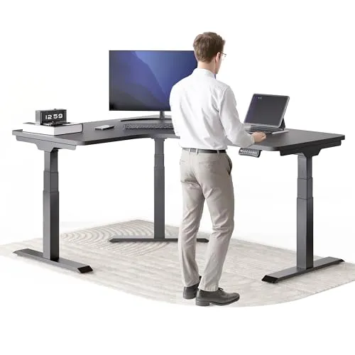 DESKSPACE Eckschreibtisch elektrisch verstellbar mit Speicherfunktion - Ergonomischer Eck Steh-Sitz Schreibtisch für mehr Bewegung im Alltag. Leiser Motor unter 50 dB, ideal für ein entspanntes Arbeitsumfeld. Mit praktischer Speicherfunktion für individuelle Höhenanpassung.