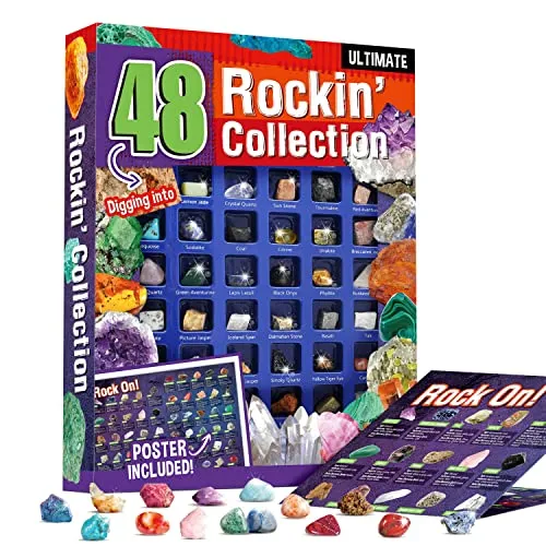 Byncceh Mineralien Set 48 Stück – Mineralien und Kristallprobenbox für Kinder, Edelsteine für Kinder und Sammler – Geschenk, Schatzsuche & Geologie Experimentierset ab 6 Jahren, inklusive Lernheft