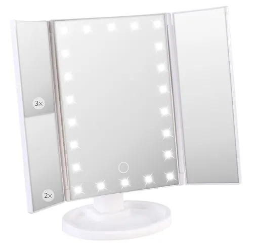 Sichler Beauty Kosmetikspiegel: Falt-Schminkspiegel mit LED-Beleuchtung, 3x/2x/1x-Vergrößerung, weiß (Schminkspiegel klappbar beleuchtet, Kosmetiktisch Spiegel, Kosmetik)