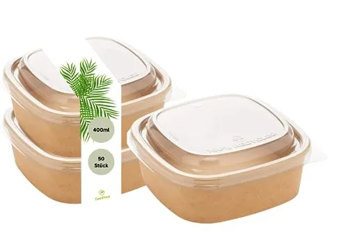 DeinPack 50 Salatschalen 400ml | to go Schalen mit Deckel braun eckig I Recycellbare Schalen Kraftkarton Verpackung mit PLA Beschichtung I Suppenschale | Eisschale | Deckel aus recyceltem PET