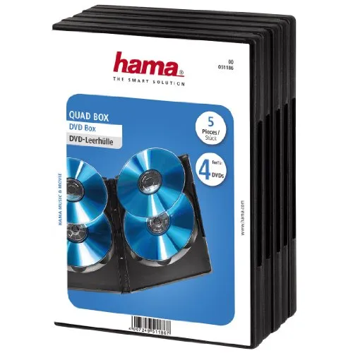 Hama DVD-Hülle für 4 DVDs (auch passend für CDs und Blu-Rays, mit Folie zum Einstecken des Covers) 5er-Pack, schwarz, 00051186, 5 Pack