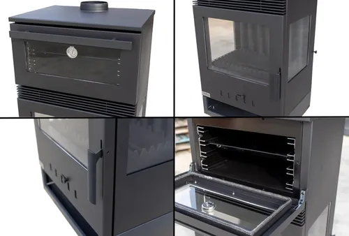 Kaminofen Teba TKS 15 - Dreiseitiger Holzofen mit Backfach, 12,8 kW Leistung und eleganter Panoramasicht für Kochen und Heizen ohne Strom