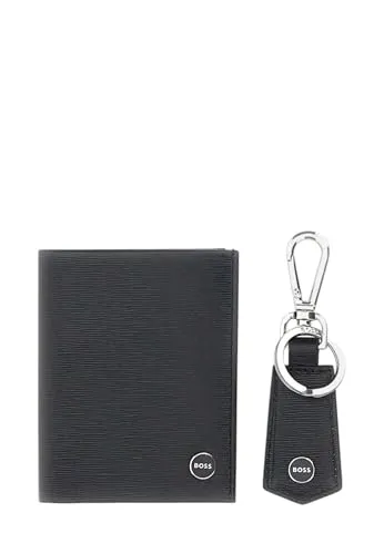 BOSS Leder Kartenetui Schlüsselanhänger Set – Bifold Wallet und Keyring in Schwarz - Elegantes, zeitloses Design für jeden Anlass. Bietet Platz für Karten und Geld, kompakt für die Hosentasche. Hochwertige Verarbeitung für Langlebigkeit und angenehme Haptik.