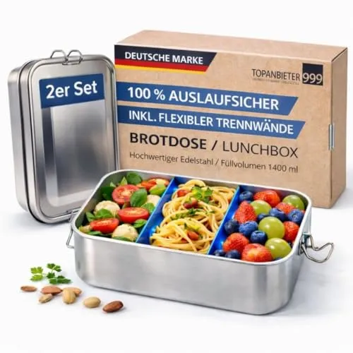 TOPANBIETER 999 Premium Lunchbox 1400 ml aus Edelstahl – auslaufsichere Brotzeitbox mit Trennwand - Hochwertige Edelstahl-Brotzeitbox, auslaufsicher und wasserdicht. Ideal für Schule, Büro und unterwegs, mit praktischer Fächeraufteilung für frische Snacks.