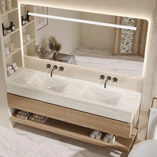 Wandhängendes Doppelwaschbecken-Set mit Spiegel und Unterschrank, Travertine Look - Elegantes Doppelwaschbecken-Set aus Sinterstein, ideal für harmonische Badezimmergestaltungen. Mit zwei Becken für gleichzeitige Nutzung, leicht zu reinigen und hitzebeständig. Maße: 130×55 cm.