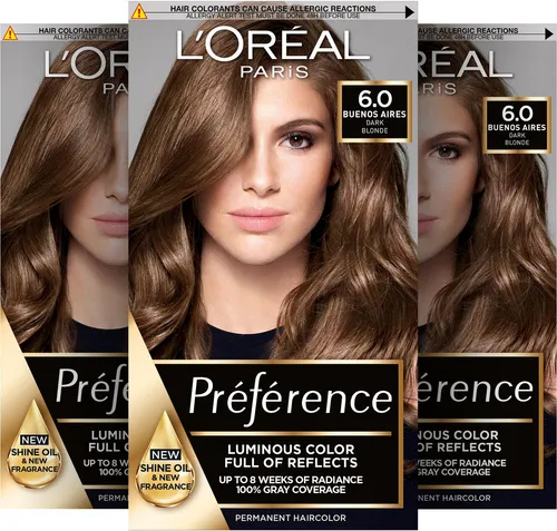 L'ORÉAL PARIS Coloration PRÉFÉRENCE HAARFARBE, Packung, 3-tlg., dauerhafte Haarcoloration mit 100% Grauabdeckung